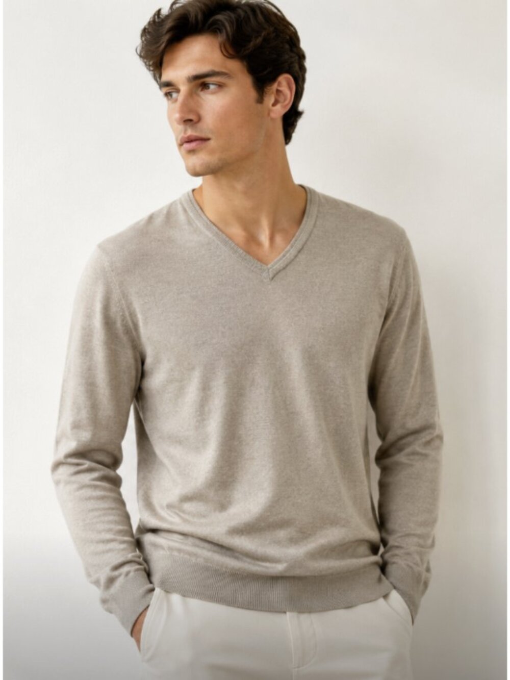 JOHN VARVATOS V Neck Luxe Linen Sweater in Tan Medium Preppy Luxury Minimalist